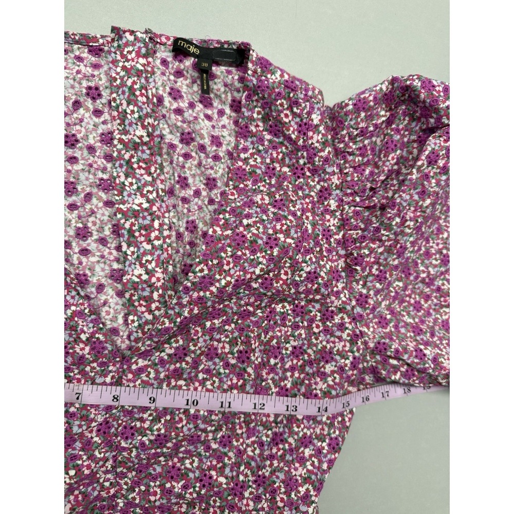 Maje Ryad Floral Puff Sleeve Ruched Mini Dress Fuchsia Pink Cotton Sz 38 US 6 - Picture 4 of 15